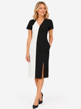 BOSS Black White Colour Block V-Neck Career Dress Slim Fit Size 10